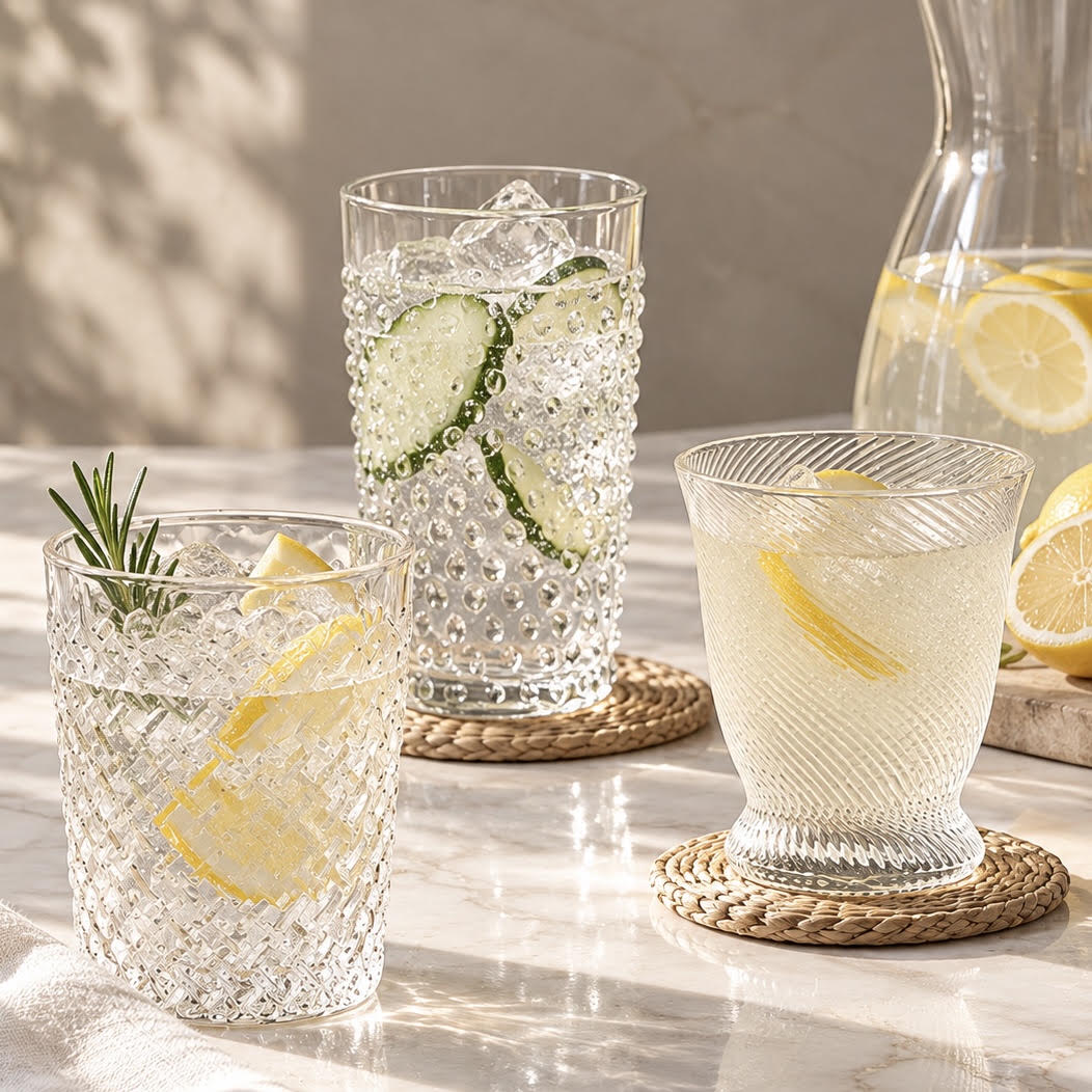 clear glasses with water ice and citrus