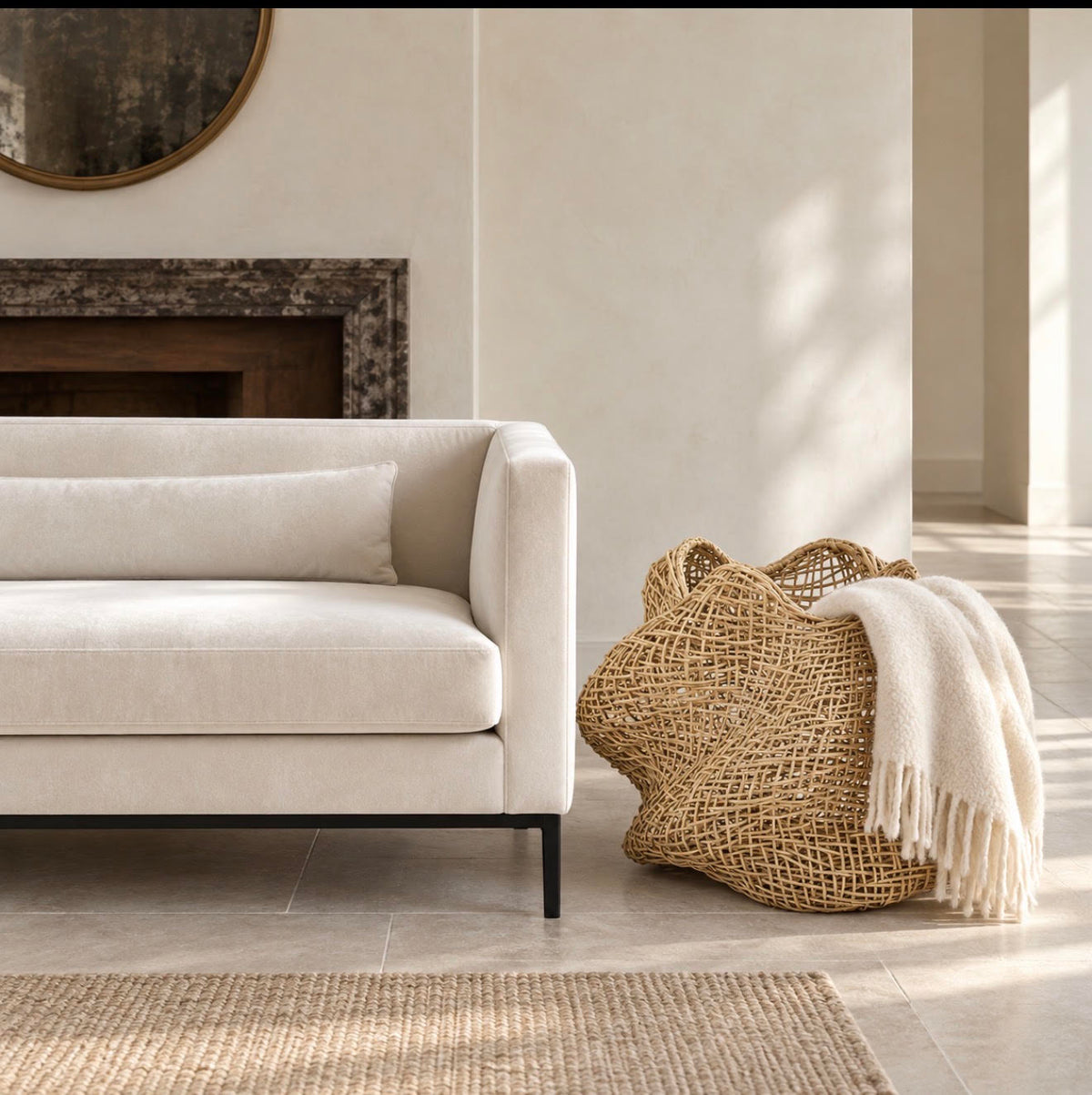 natural rattan urn styled with a blanket hanging over its side next to a couch in a livingroom