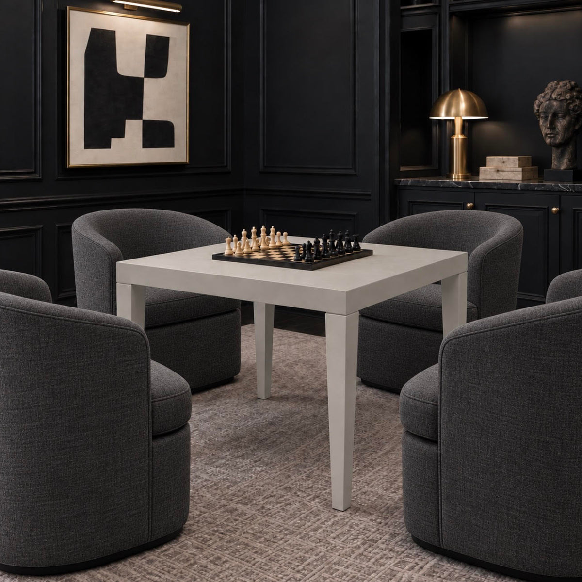 game table in a dark room around chairs