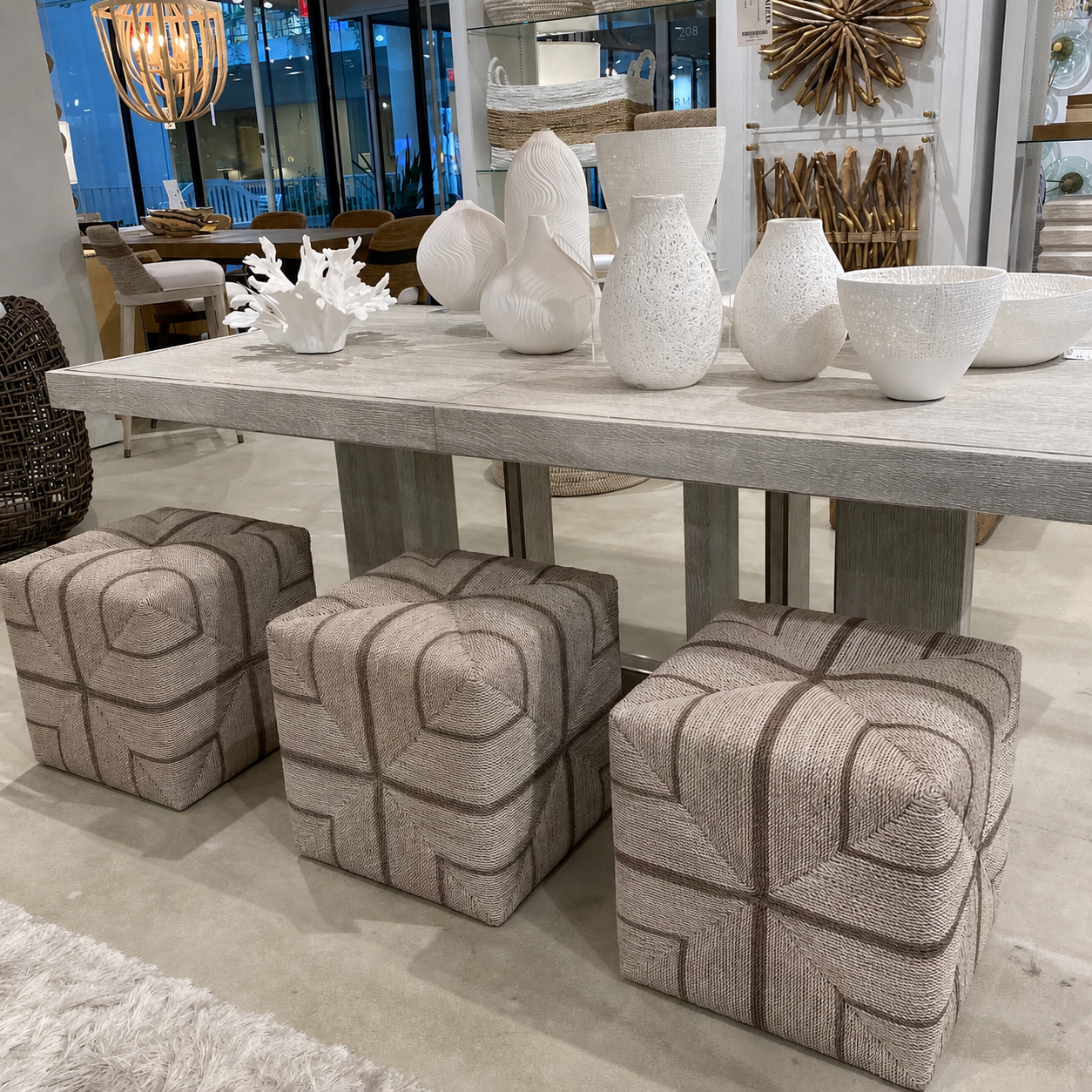 Fritz Rope Square Ottoman Fog White and Taupe