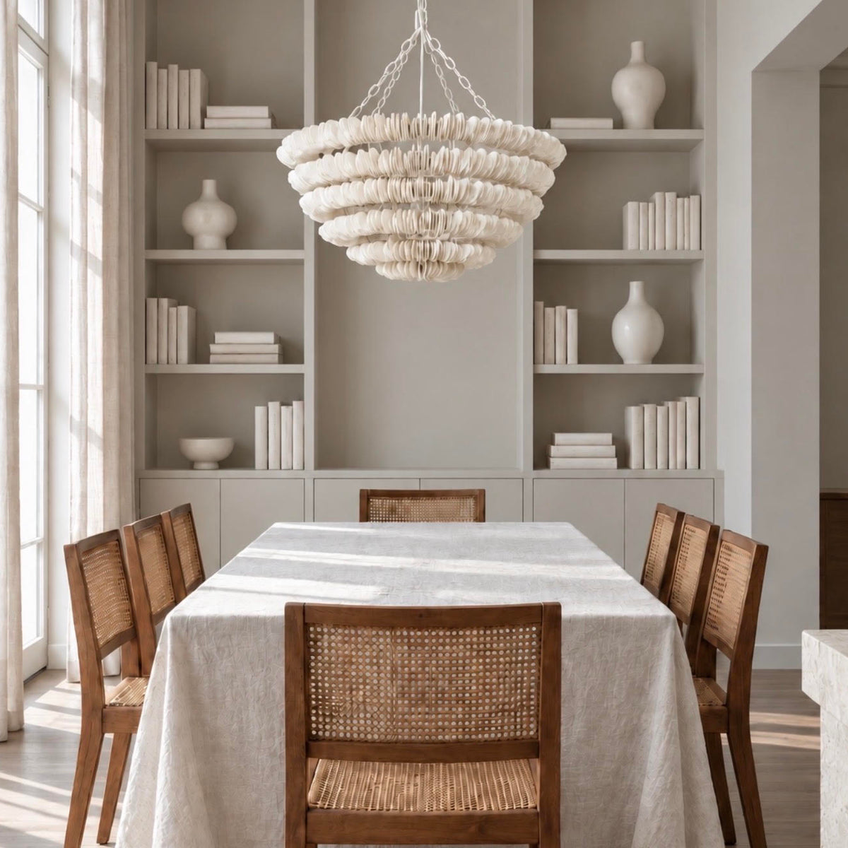 white wood cut disc chandelier over a dining table