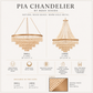 A product infographic for the Pia Chandelier by Made Goods, showing two versions (Small and Large) with dimensions, features, and a finish swatch on a warm cream background.