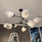 A modern multi-arm ceiling light fixture with textured white glass globes on a black metal frame, shown installed on a ceiling in an interior room.