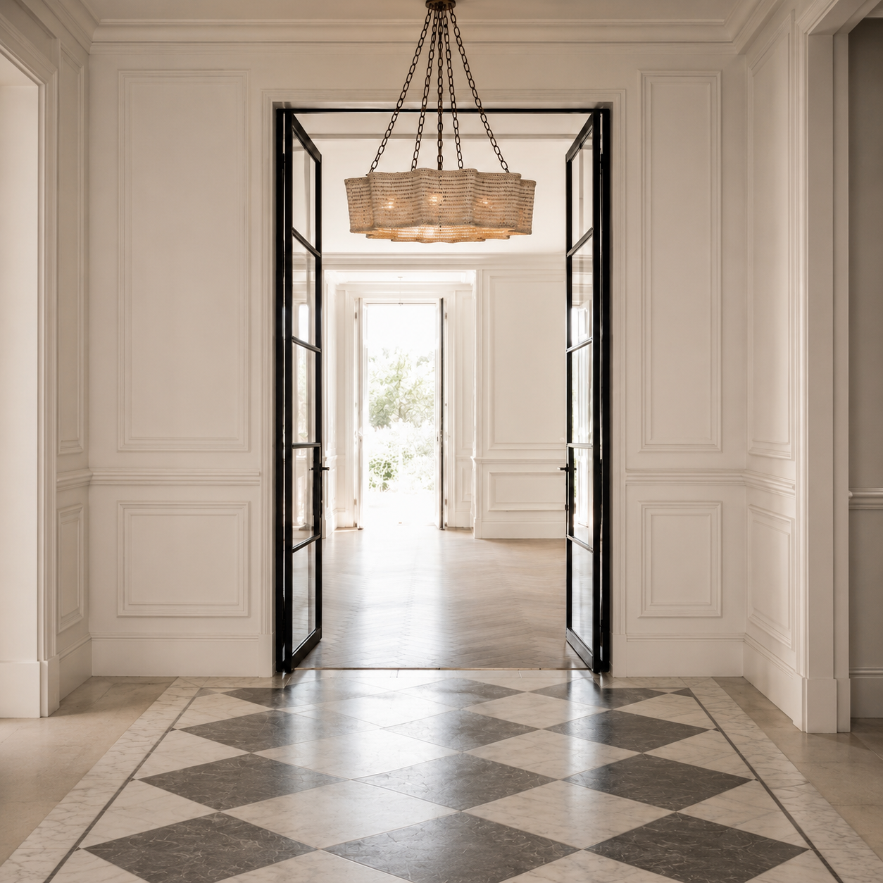 A large woven natural-fiber chandelier hangs in an open black-framed doorway above a checkered marble floor in a bright, elegant interior hallway.