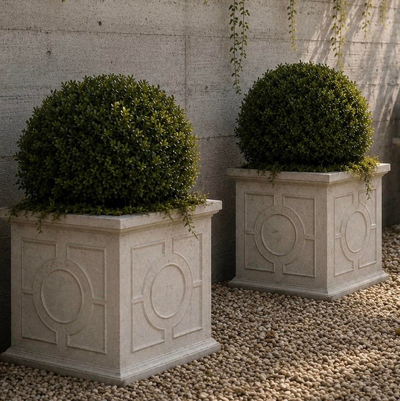 Two square concrete planters with embossed geometric patterns, each holding a rounded green topiary tree, set on a bed of small pebbles against a textured concrete wall with hanging ivy.