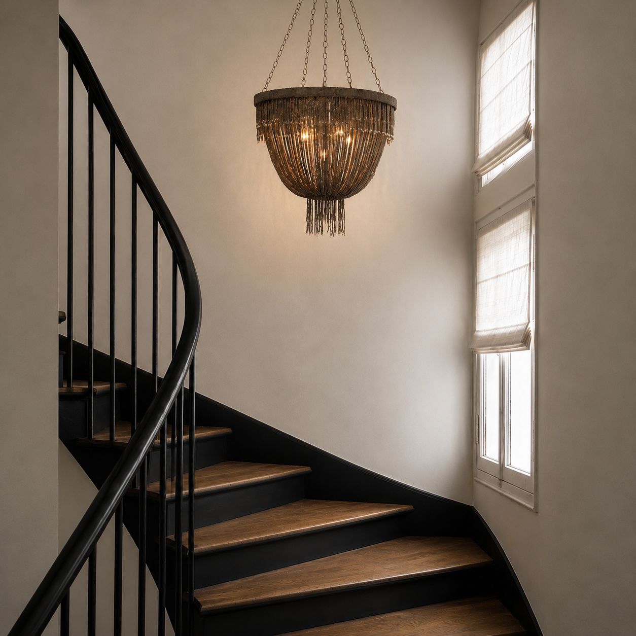 A rustic woven chandelier with hanging tassels is suspended in a staircase landing with dark wood steps, a black curved handrail, and tall windows with white blinds.
