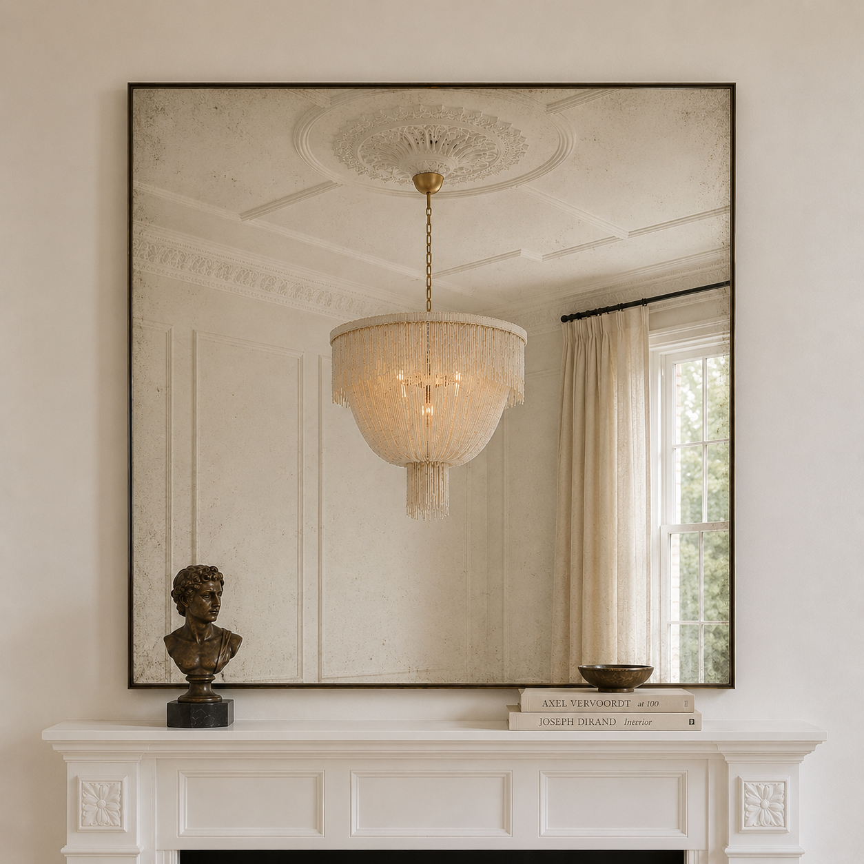 A large rectangular wall mirror with a thin dark frame hangs above a white fireplace mantel. The mirror reflects a cream chandelier, window, and curtains, while the mantel also holds a small bust sculpture and stacked books.