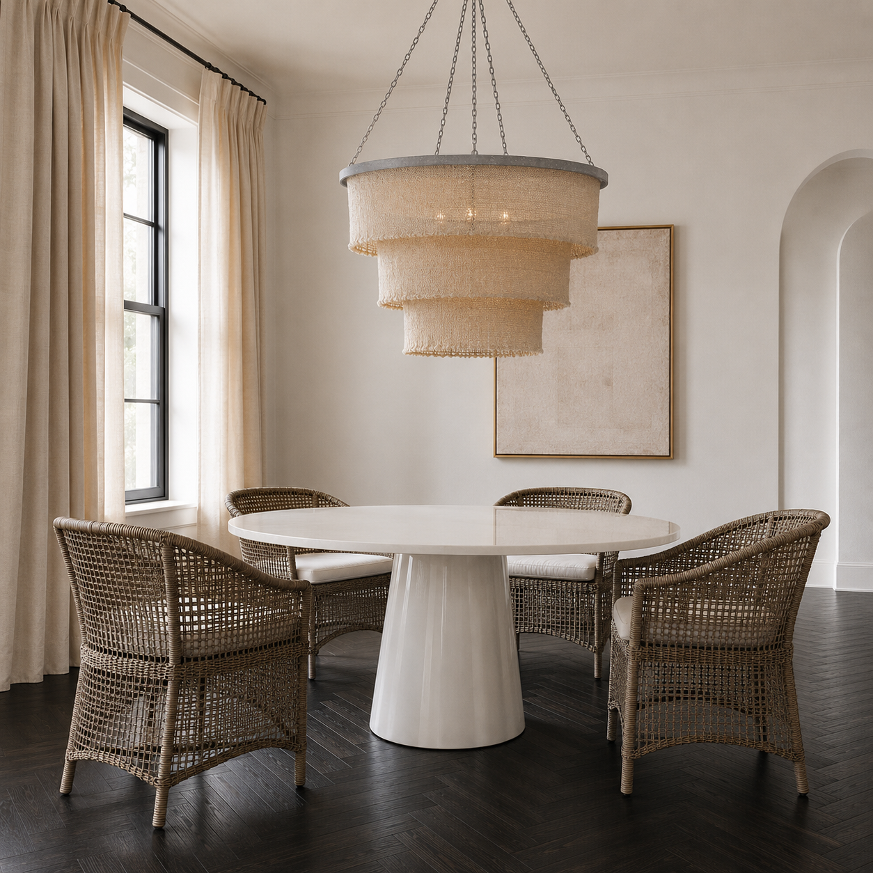 A modern dining room setup featuring a round white pedestal table surrounded by four woven wicker armchairs with white cushions, under a large tiered beige fabric chandelier.