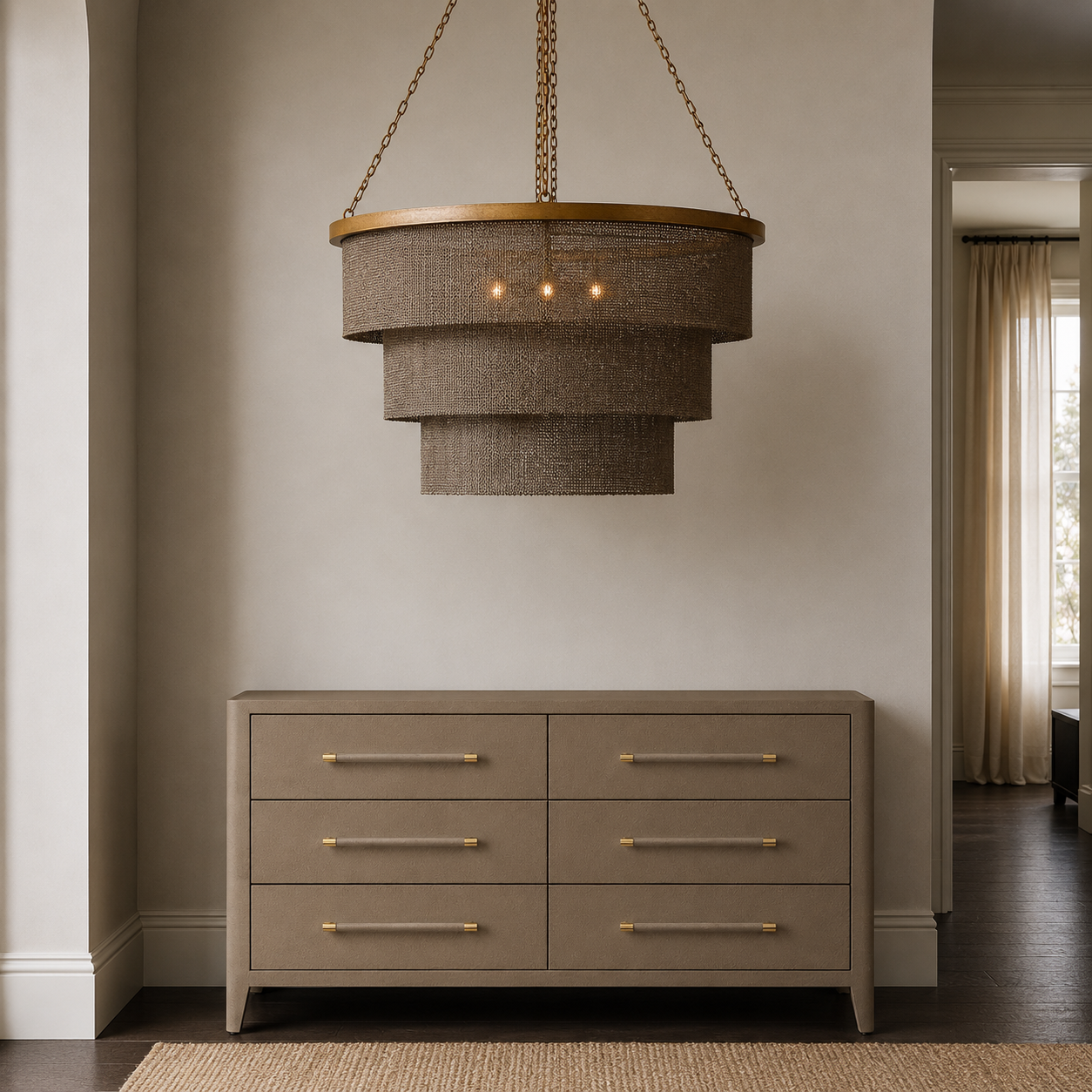 A modern tiered chandelier with a woven taupe fabric shade and gold-toned metal trim hangs above a matching six-drawer dresser in a neutral-toned room.
