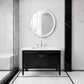 Albert kabibe shell mirror hung in a black and white bathroom