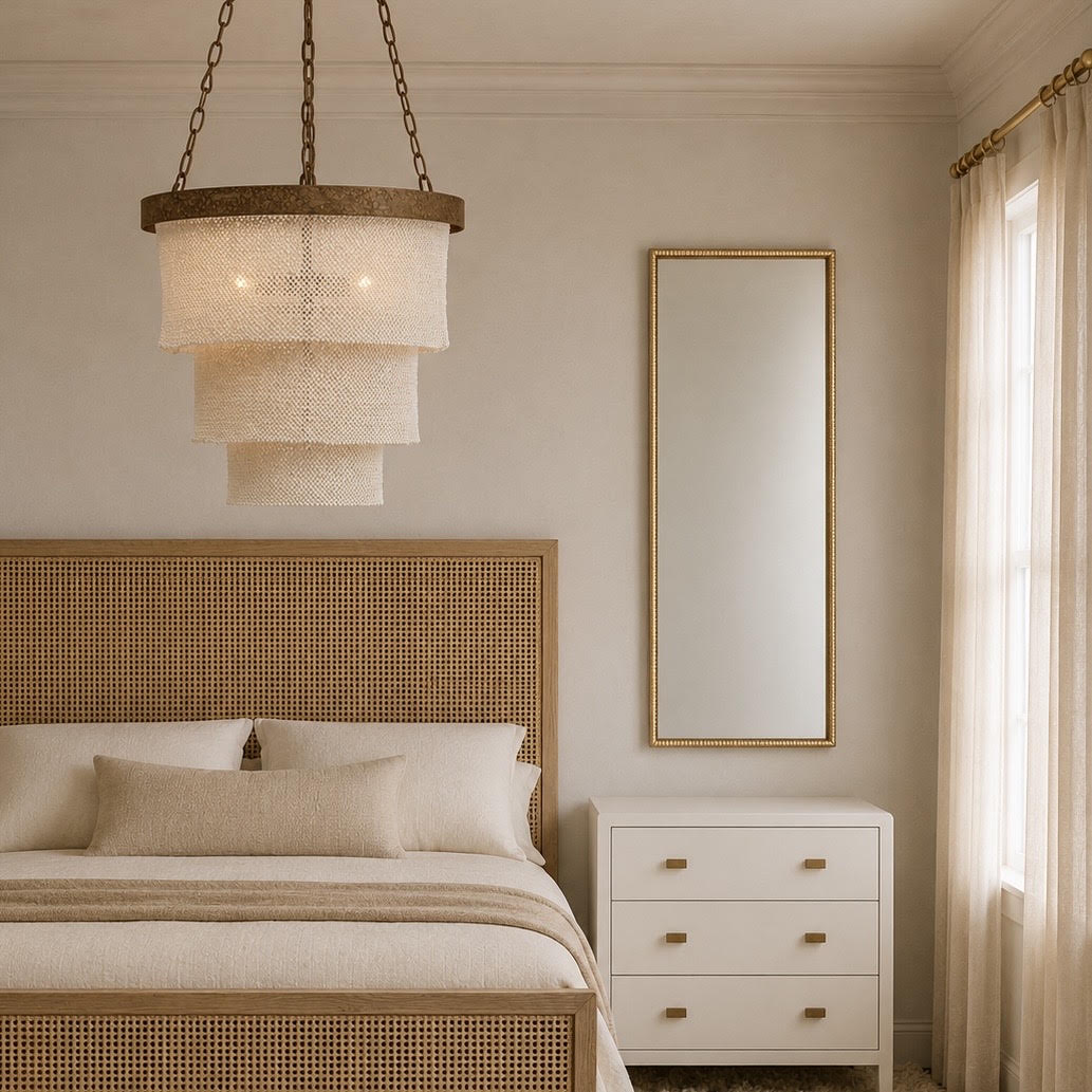 A modern bedroom scene featuring a tiered pendant chandelier with woven shade and dark metal chains, hanging above a bed with a woven cane headboard. A tall rectangular mirror with a gold frame and a white three-drawer nightstand are positioned against a warm beige wall next to sheer curtains.