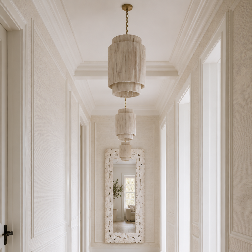 A long hallway with white paneled walls and ceiling, a woven beige runner rug, and a hanging cylindrical pendant light centered in the distance.