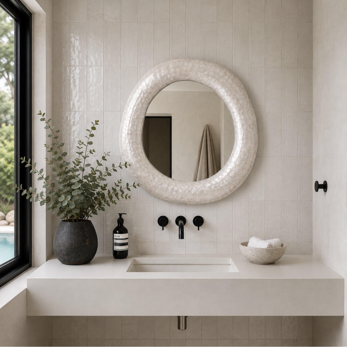 A round textured white mirror with a hammered finish, mounted on a light beige tiled bathroom wall above a floating white vanity with matte black fixtures.