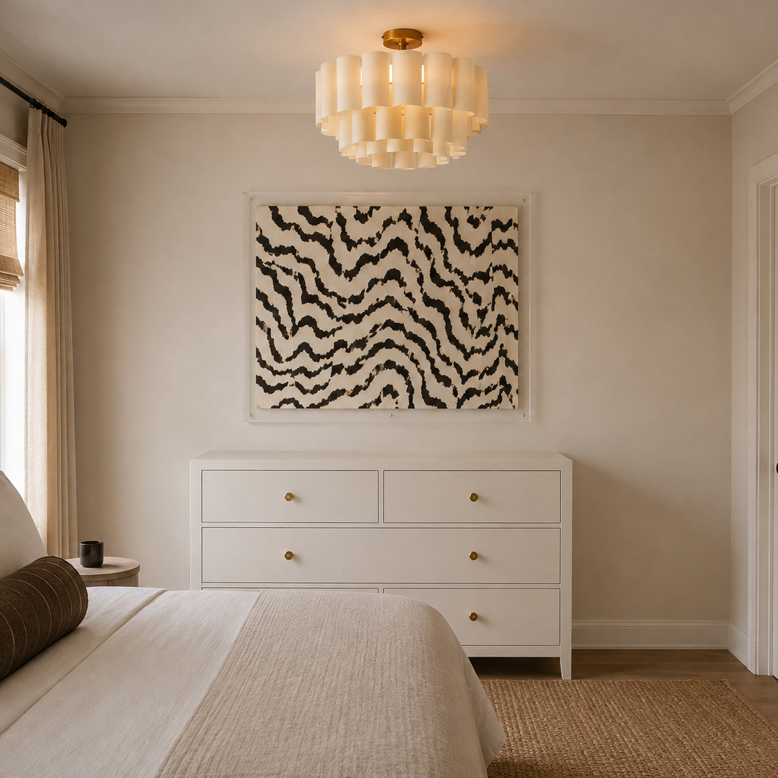 A styled bedroom interior featuring a white dresser with brass knobs, a black and white zebra-patterned wall art piece, a cream cylindrical pendant light, and a bed with neutral bedding.