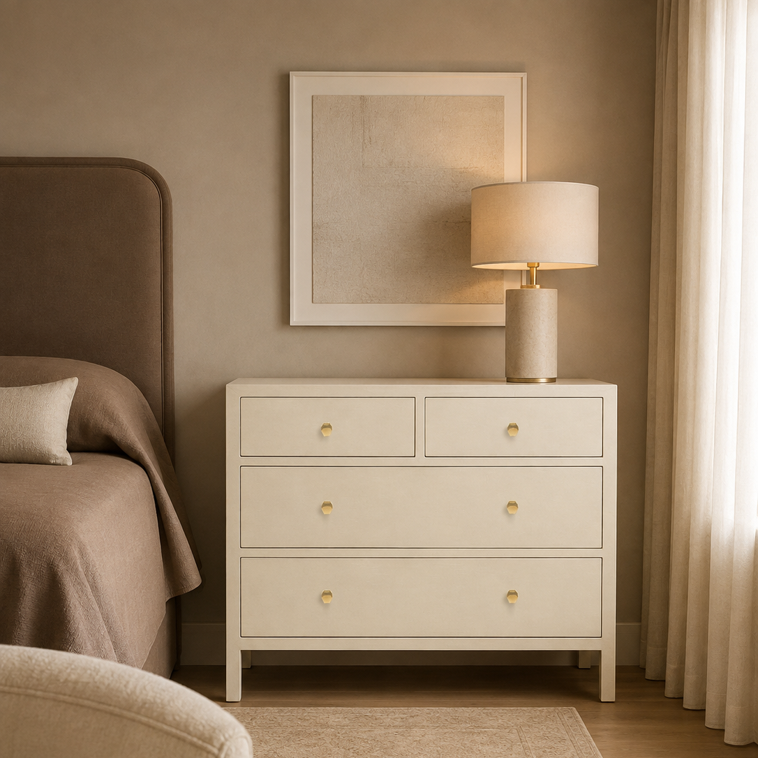 A cream-colored three-drawer nightstand in a styled bedroom setting, featuring small gold knobs, a matching table lamp, a framed wall art piece, a bed, and a beige armchair.