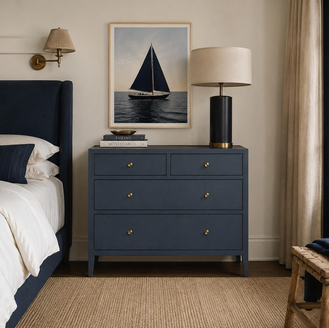 A navy blue three-drawer dresser in a styled bedroom setting, flanked by a bed on the left and a black table lamp on the right. Above the dresser is a framed sailboat print.