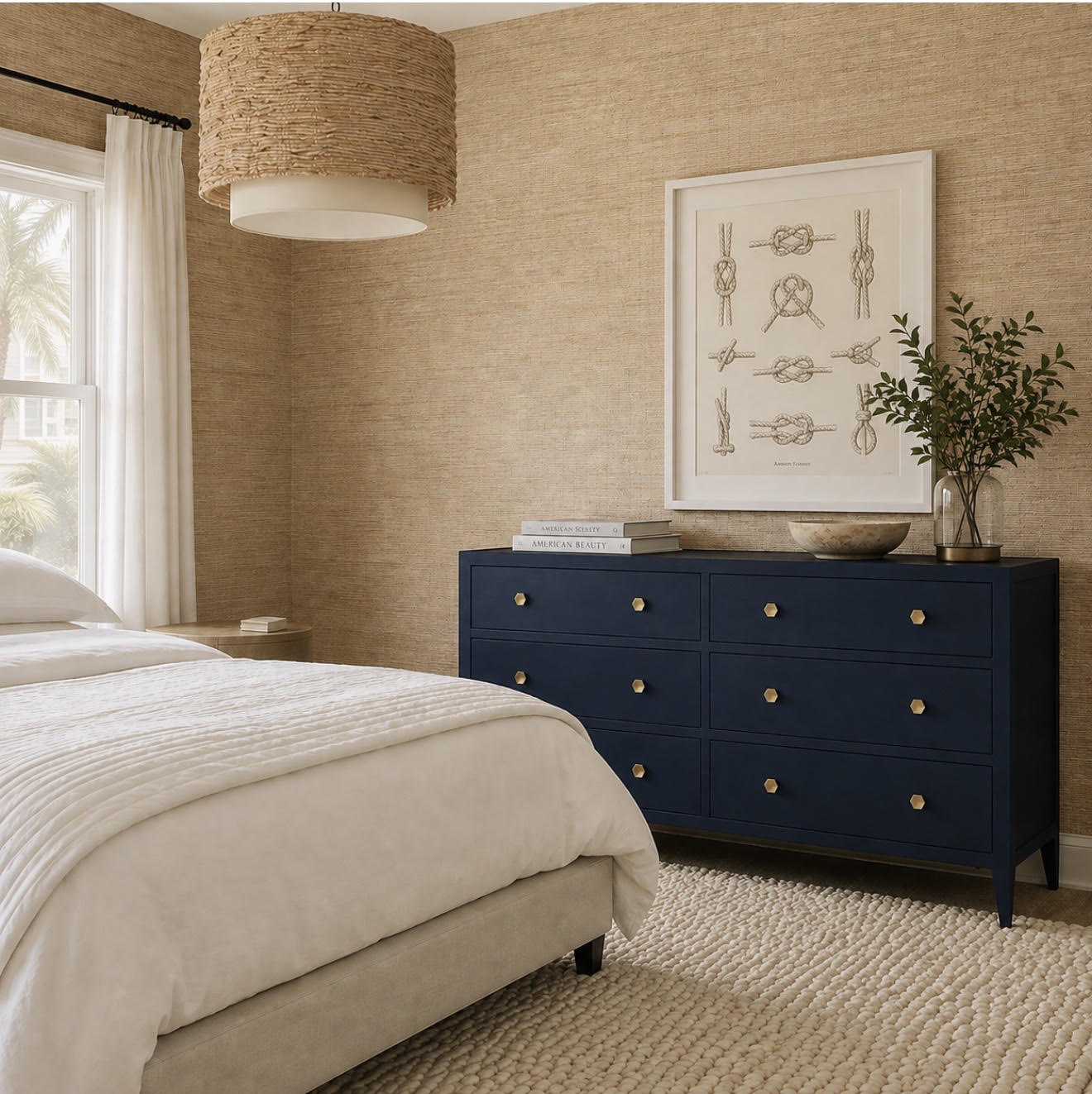 A navy blue wooden dresser with gold knobs in a styled bedroom setting, featuring a white bed, textured beige walls, a woven pendant light, and a framed art print.