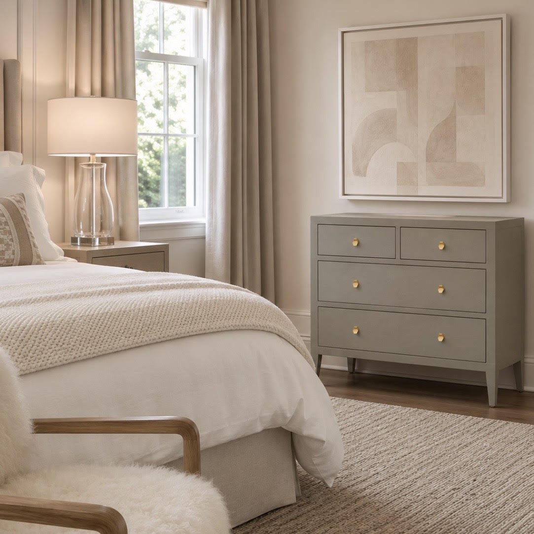 A gray three-drawer dresser with small gold knobs in a styled bedroom setting, next to a bed with neutral bedding and a window with beige curtains.