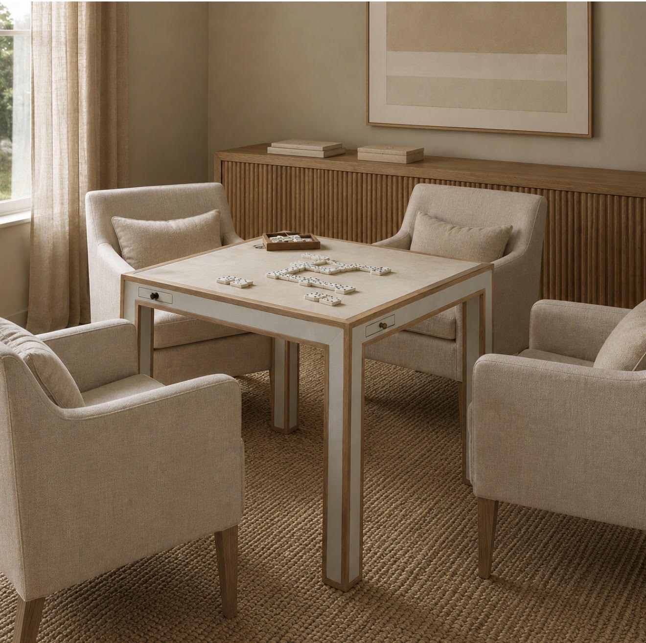 A square wooden table with a light beige top and cream legs, surrounded by four matching upholstered armchairs in a warm neutral living room setting.