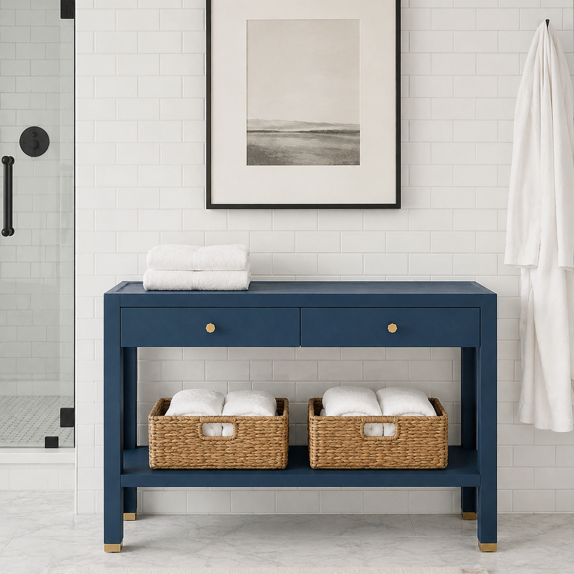 A navy blue bathroom console table with two drawers and open shelving, styled with woven baskets, white towels, and a framed print on a white subway tile wall.