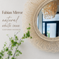 Round woven mirror with 'Fabian Mirror' text and 'natural white cane' description.