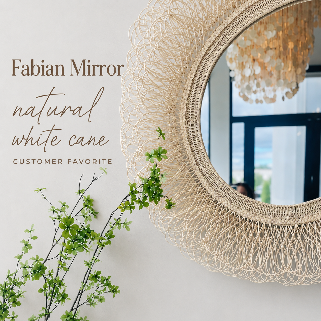 Round woven mirror with 'Fabian Mirror' text and 'natural white cane' description.