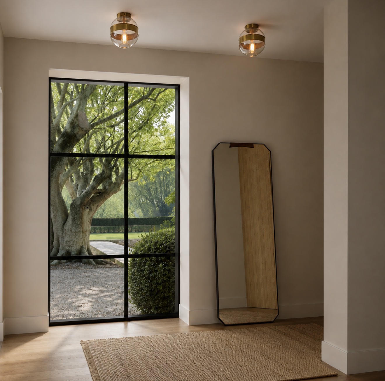 A modern interior room with two brass ceiling light fixtures, a tall floor mirror, and a large black-framed window looking out onto a garden with a tree.