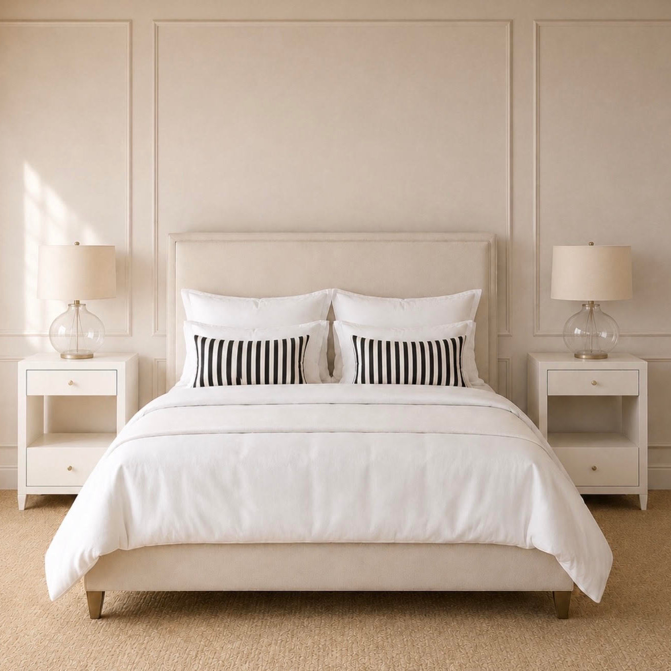 two single pristine nightstands on the side of a bed in a neutral styled room