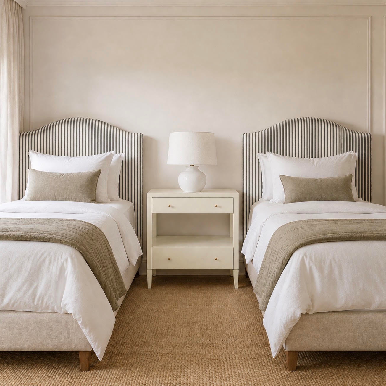 A twin bedroom setup with two neatly made beds, striped upholstered headboards, white bedding, beige throws, a small white nightstand, and a white table lamp against a warm beige wall.