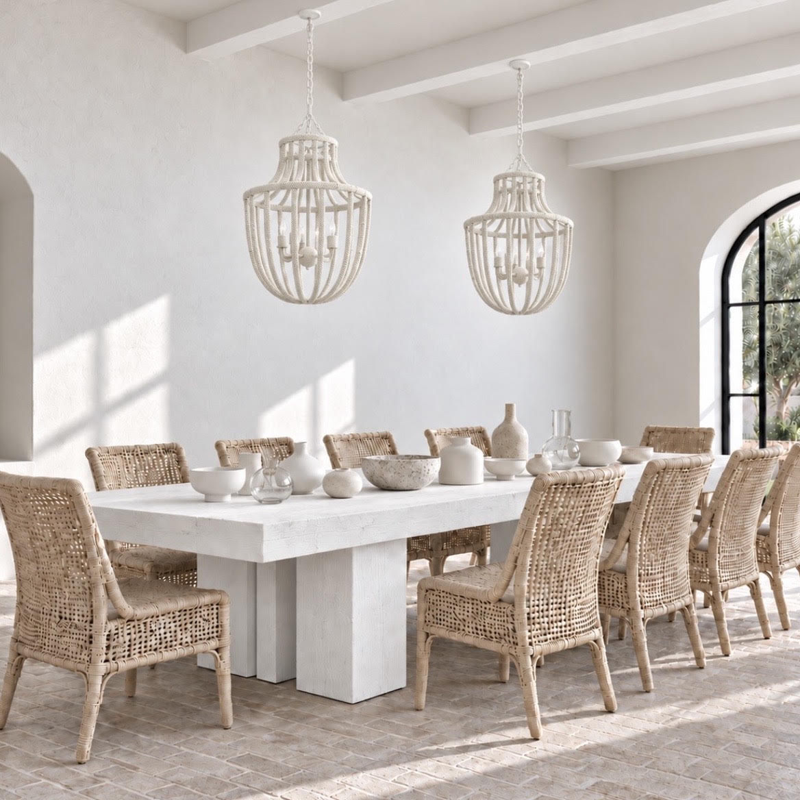 A dining room scene with a long white rectangular table surrounded by woven natural-fiber chairs, under two hanging cage-style pendant lights. The room has white walls, exposed ceiling beams, and a tiled floor, with sunlight streaming in from an arched window on the right.