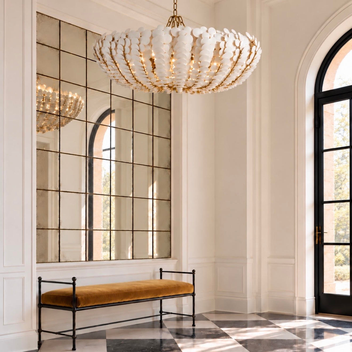 Kaia Chandelier in ivory coconut shell suspended in an elegant entryway with arched black-framed windows, paneled white walls, a large grid mirror, and a velvet bench.