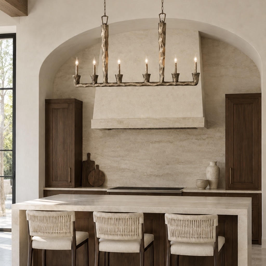 A rustic wood candelabra-style pendant light with six lit candle sleeves hangs above a kitchen island in a warm, modern kitchen with stone walls and dark wood cabinetry.