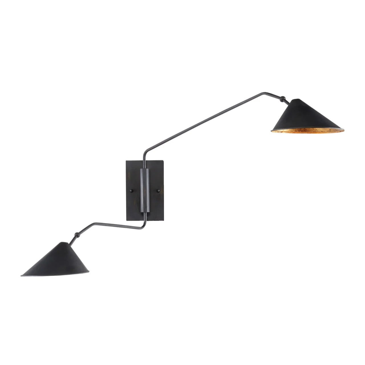 Black wall lamp with two adjustable arms on a white background
