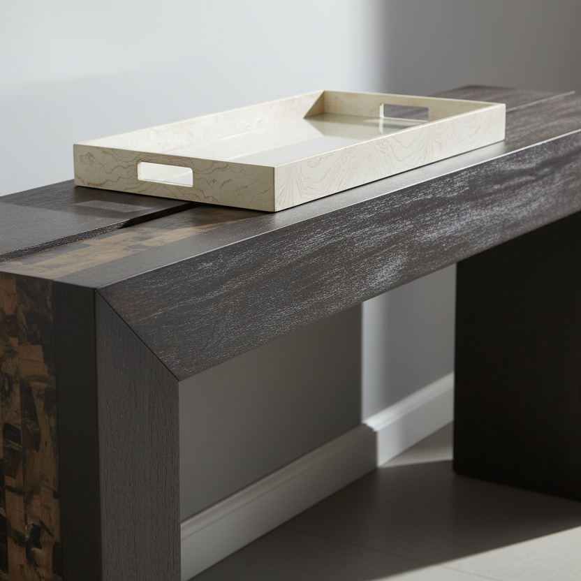 Modern console table with a tray on top against a neutral wall. kingston