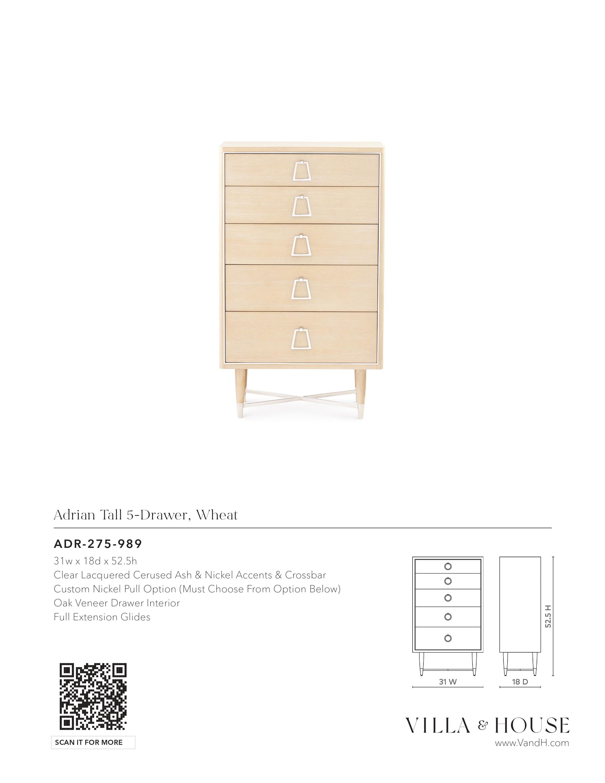 villa and house adrian tall 5 drawer wheat tearsheet