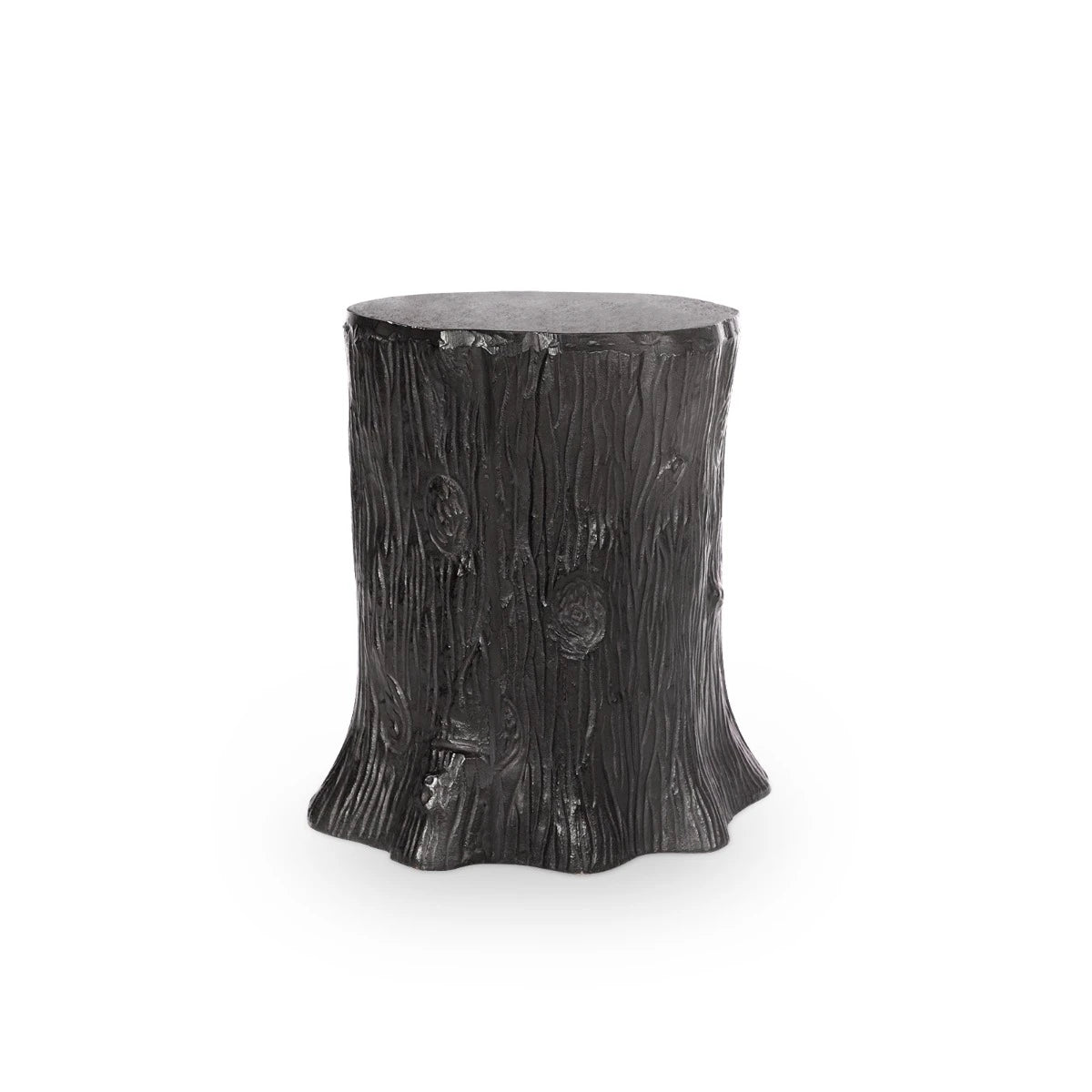 Black tree stump side table on a white background