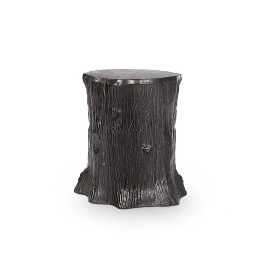A dark gray faux wood stump side table with a textured bark-like finish, shown on a plain white background.
