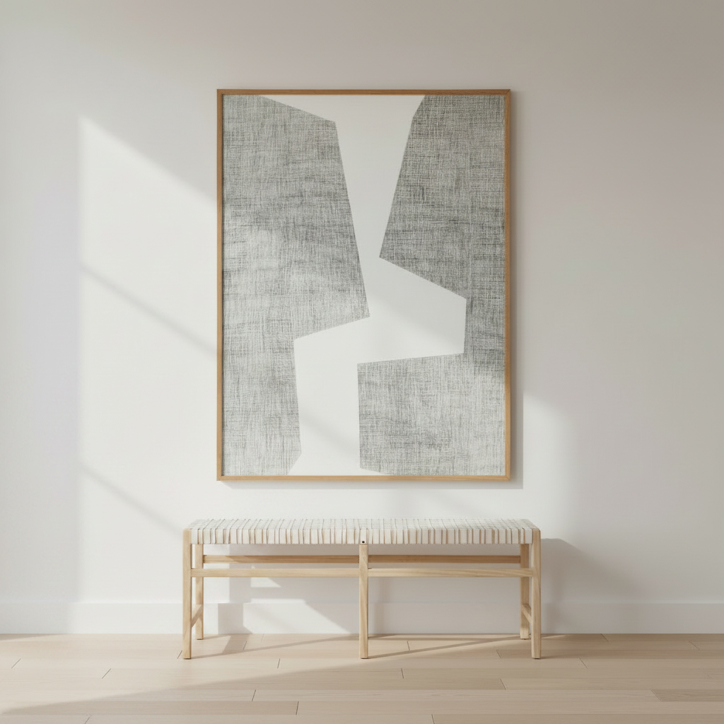 Abstract art piece on a wall above a wooden bench in a minimalistic room.