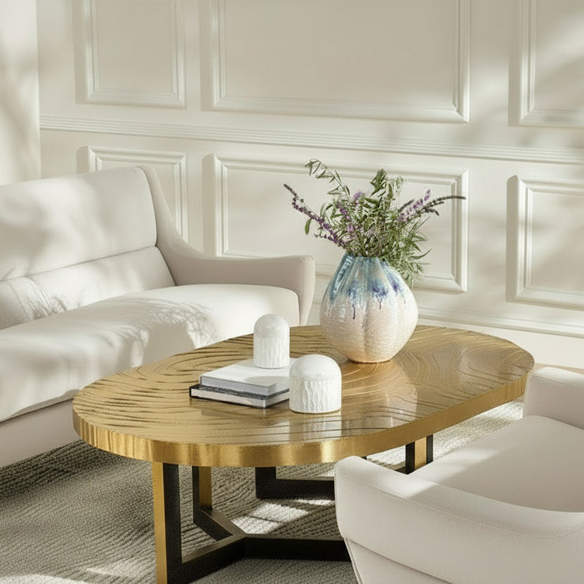 Modern living room with blue sofa and chair, wooden coffee table, and decorative items.