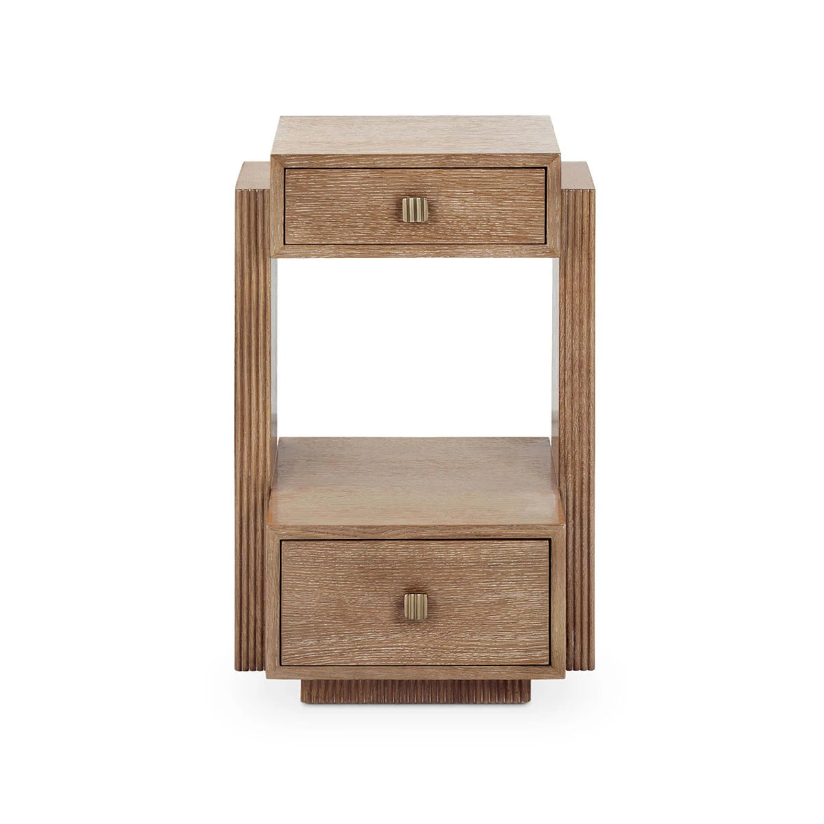 Wooden side table with two drawers on a white background