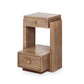 2 drawer side table in oak wood with brass hardware