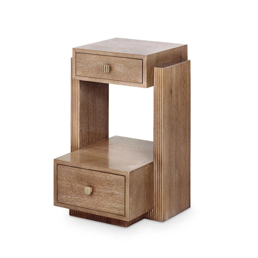 2 drawer side table in oak wood with brass hardware