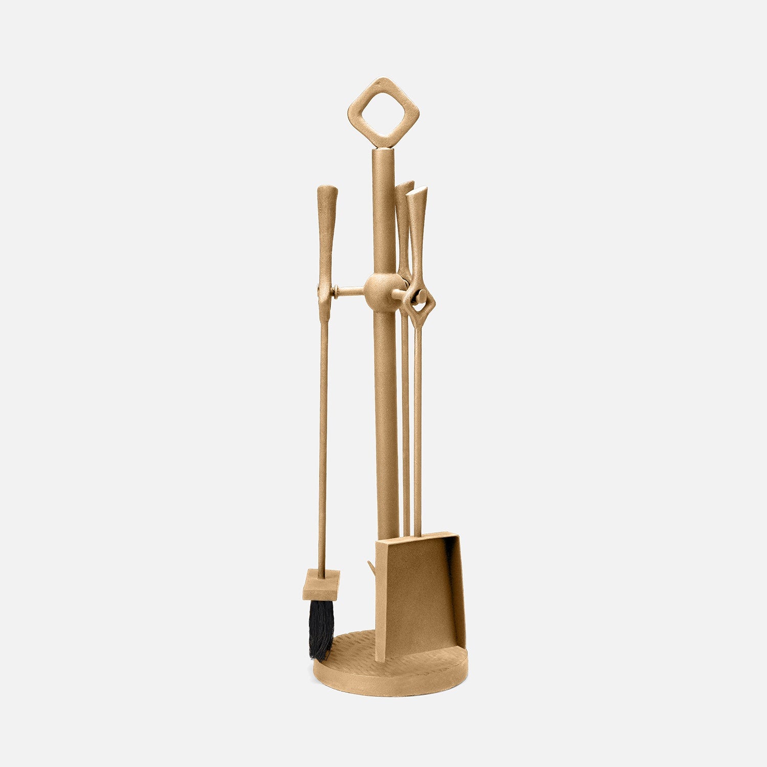 Set of fireplace tools including a poker, brush, and女神铲 in a wooden stand on a white background