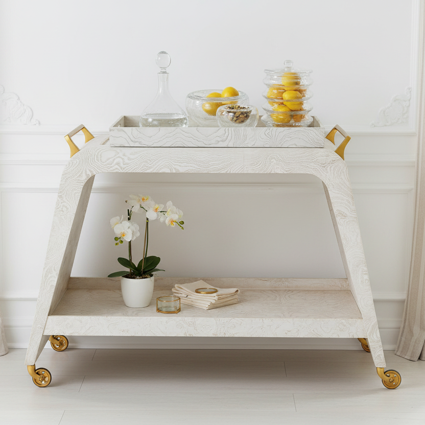 White marble bar cart with gold accents in a room with white walls and curtains.