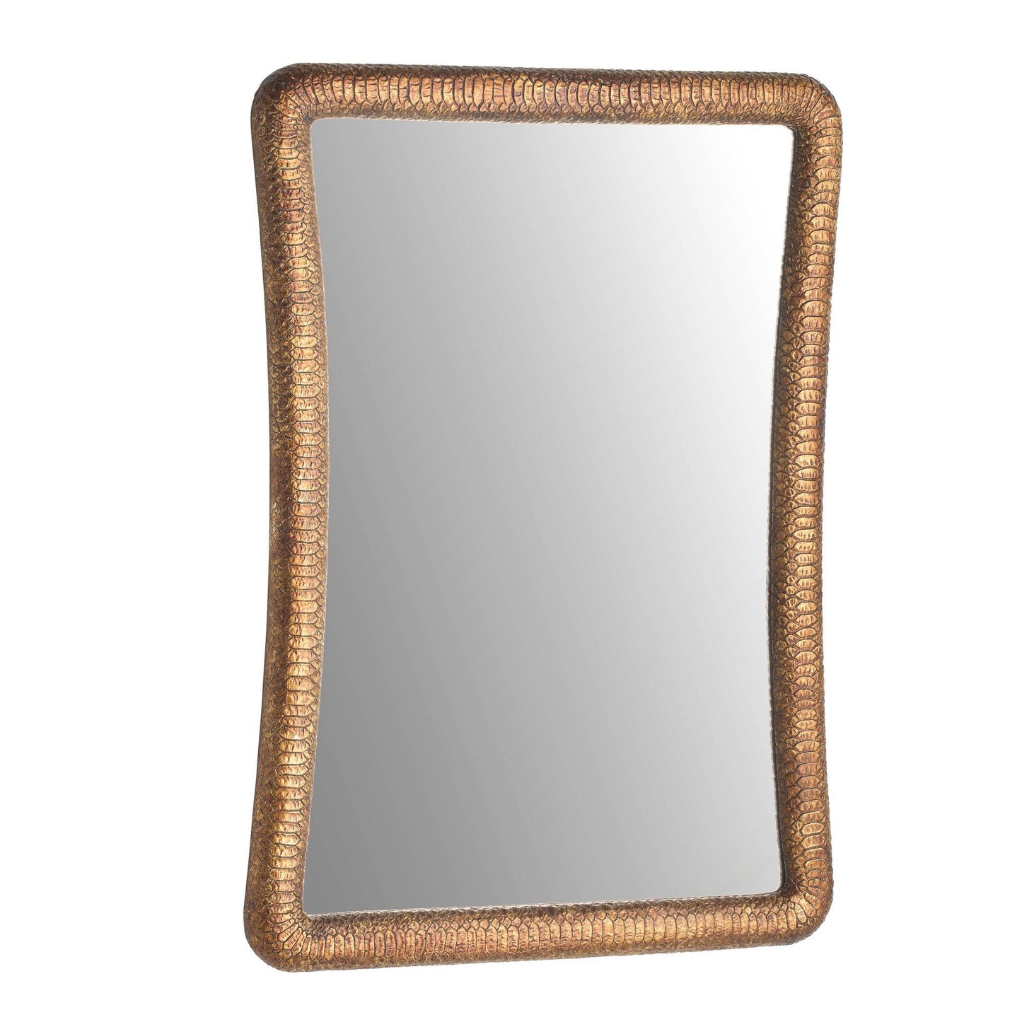 Rectangular mirror with a gold woven frame on a white background