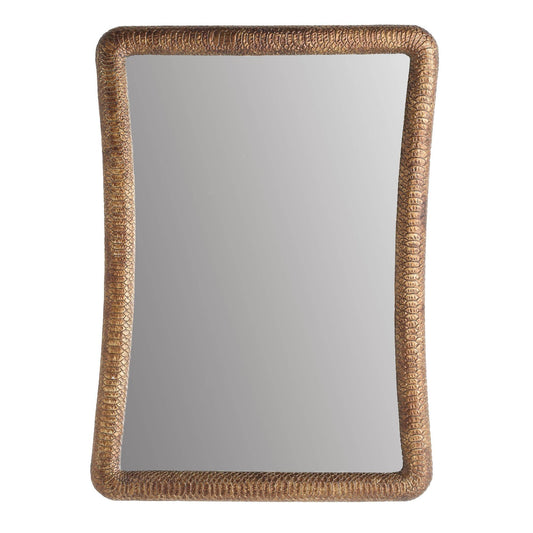 Rectangular mirror with a woven brown frame on a white background