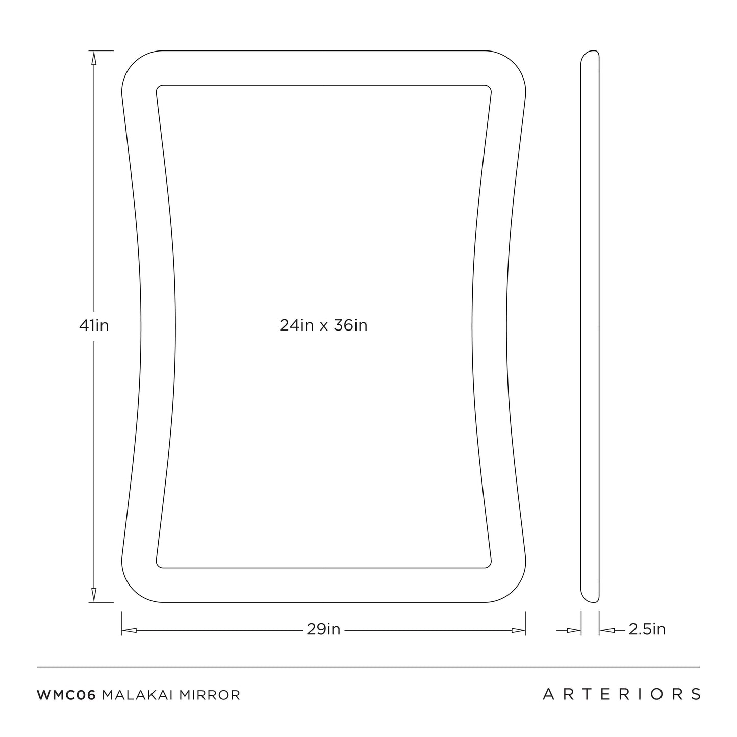 Measurement chart for the Malakai mirror with dimensions labeled.