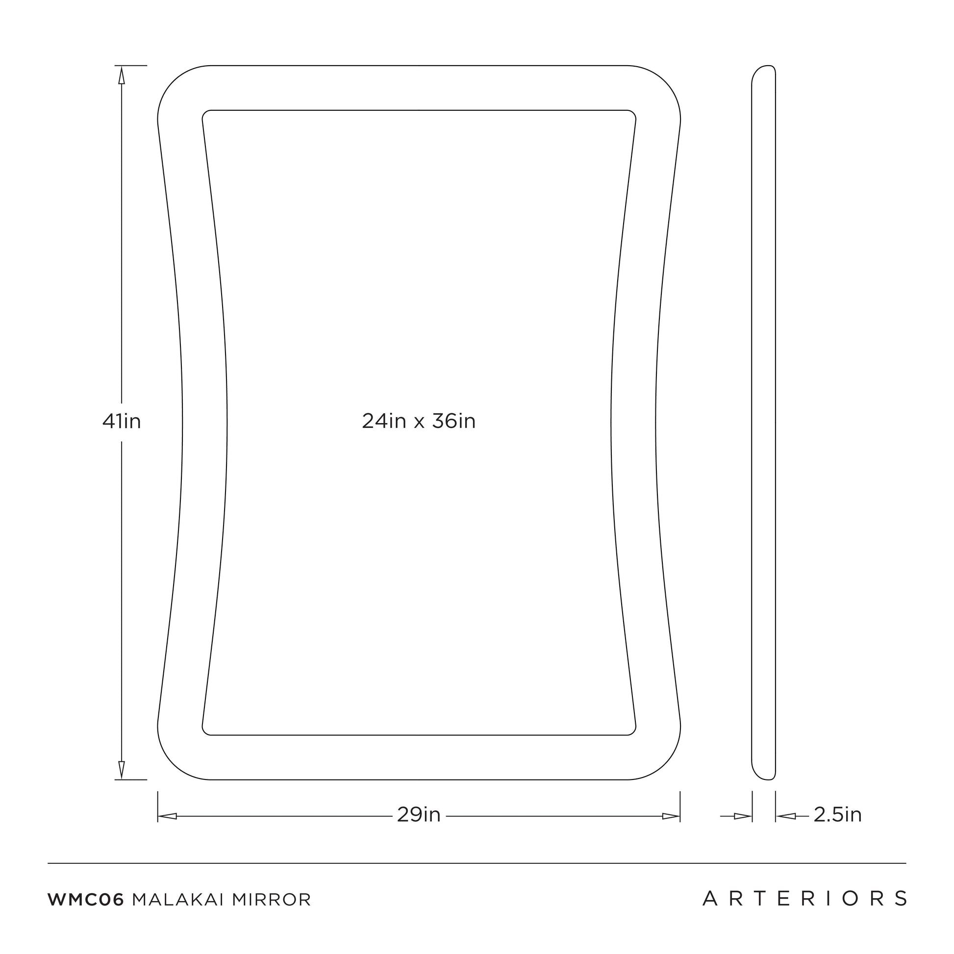 Measurement chart for the Malakai mirror with dimensions labeled.