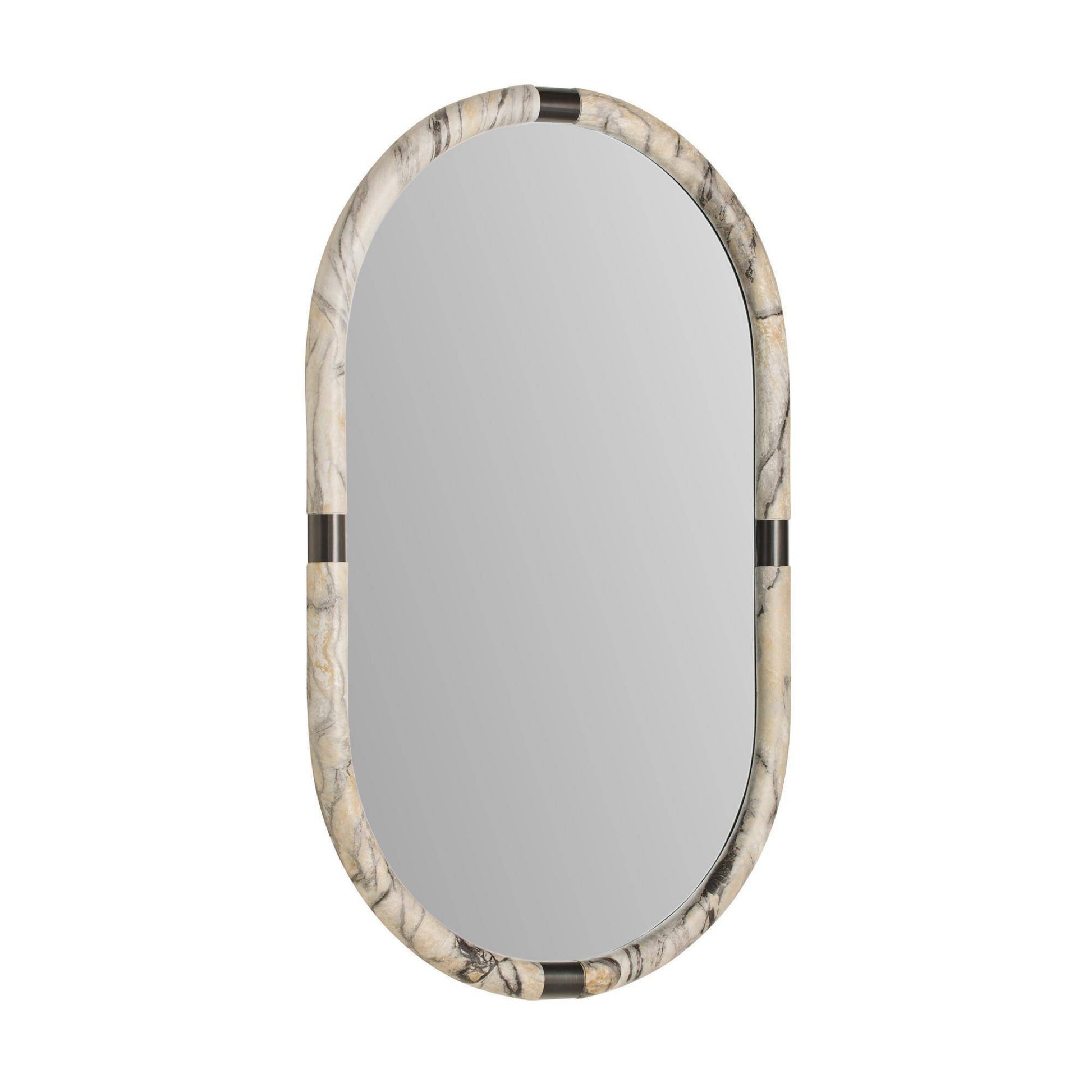 Oval mirror with decorative frame on a white background