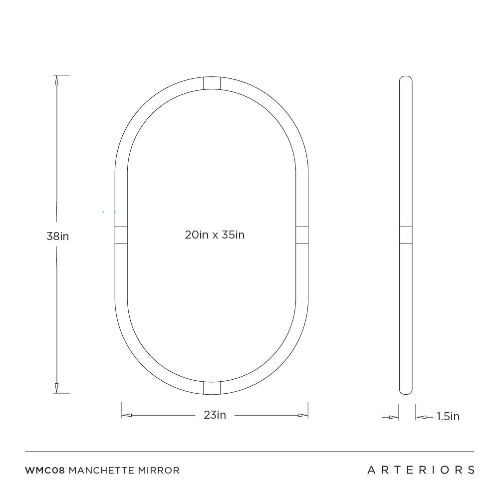 Technical drawing of a mirror with dimensions labeled, featuring the brand 'Arteriors'.
